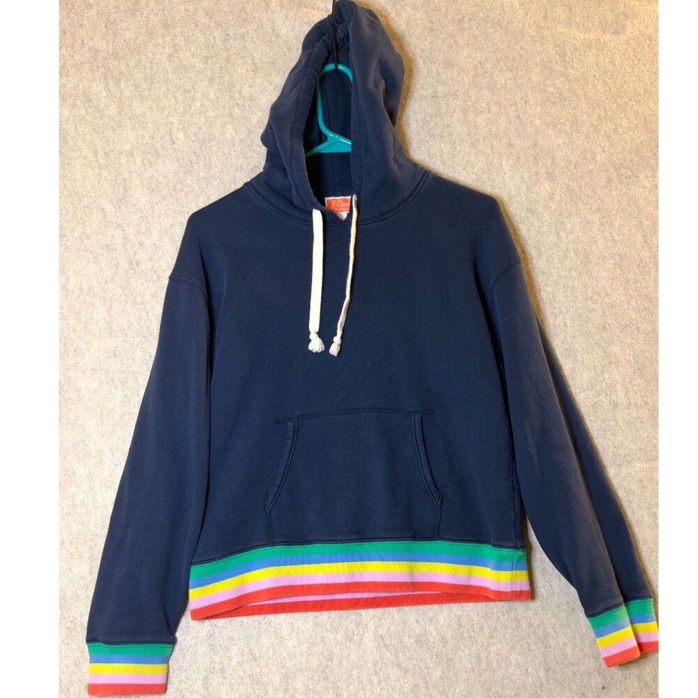 J.Crew Weekend Rainbow Stripe Trim Hoodie Women’s Small Navy Blue Cotton